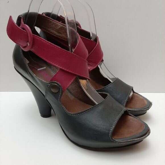 CHANII B Criss-Cross Straps Open Toe Low Platform Cone Heels Grey & Pink Sz 7 - Picture 2 of 15